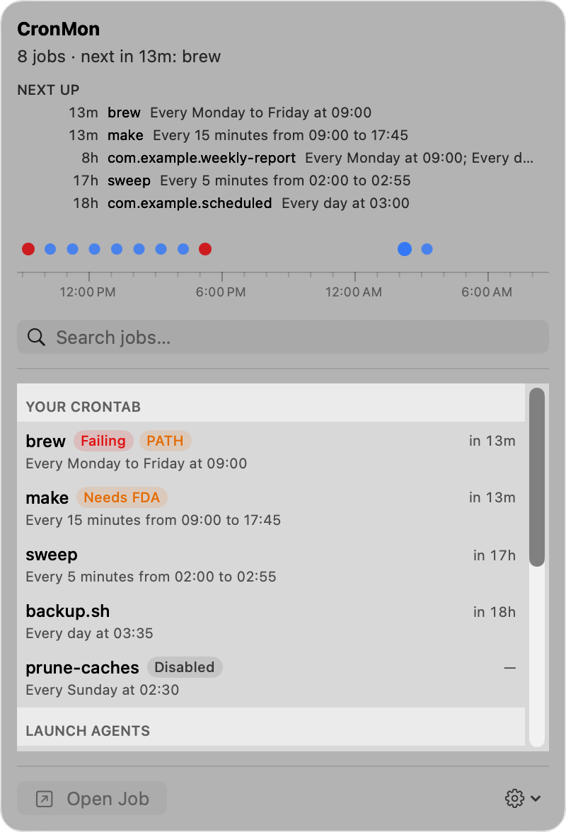 The CronMon popover showing cron jobs and launch agents in one list, with the next runs above them on a timeline.