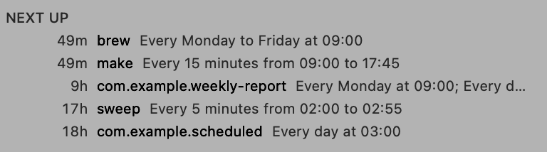 CronMon's Next up block: the five closest runs, each with how long until it fires, the job name, and the schedule in plain English.