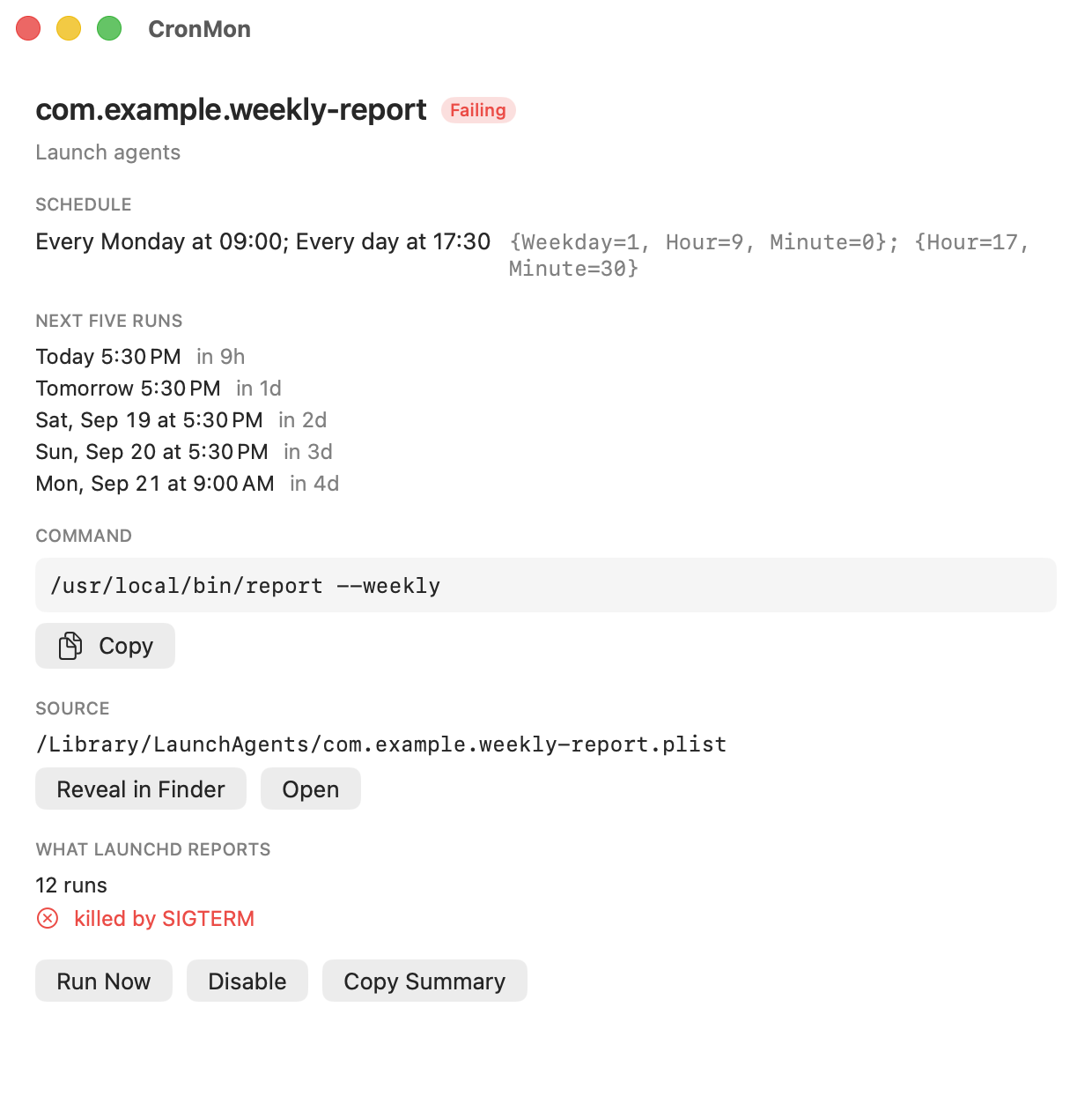 A launch agent in CronMon: the schedule in plain English beside the raw StartCalendarInterval, the next five runs, the command, the property list path, and what launchd reports about the last run.